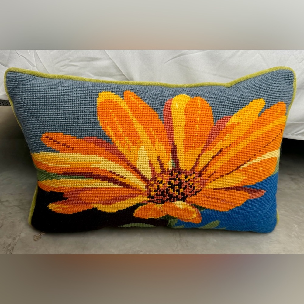 Joy - Ehrman Orange Floral Needlepoint Lumbar Pillow